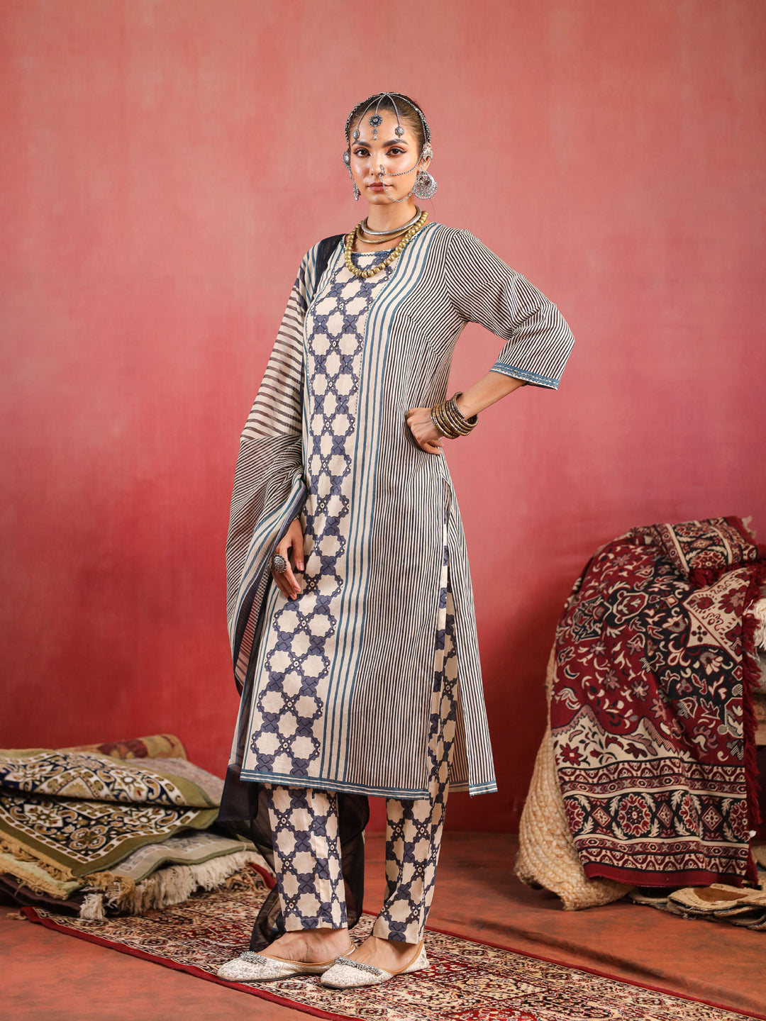 Sehar | Cream Indigo Ajrakh Suit Set