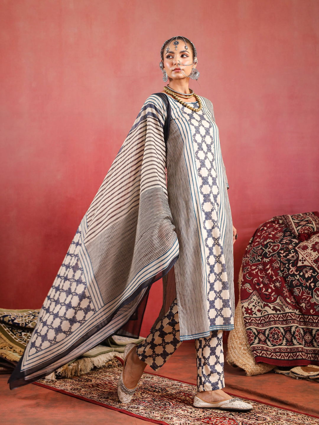 Sehar | Cream Indigo Ajrakh Suit Set