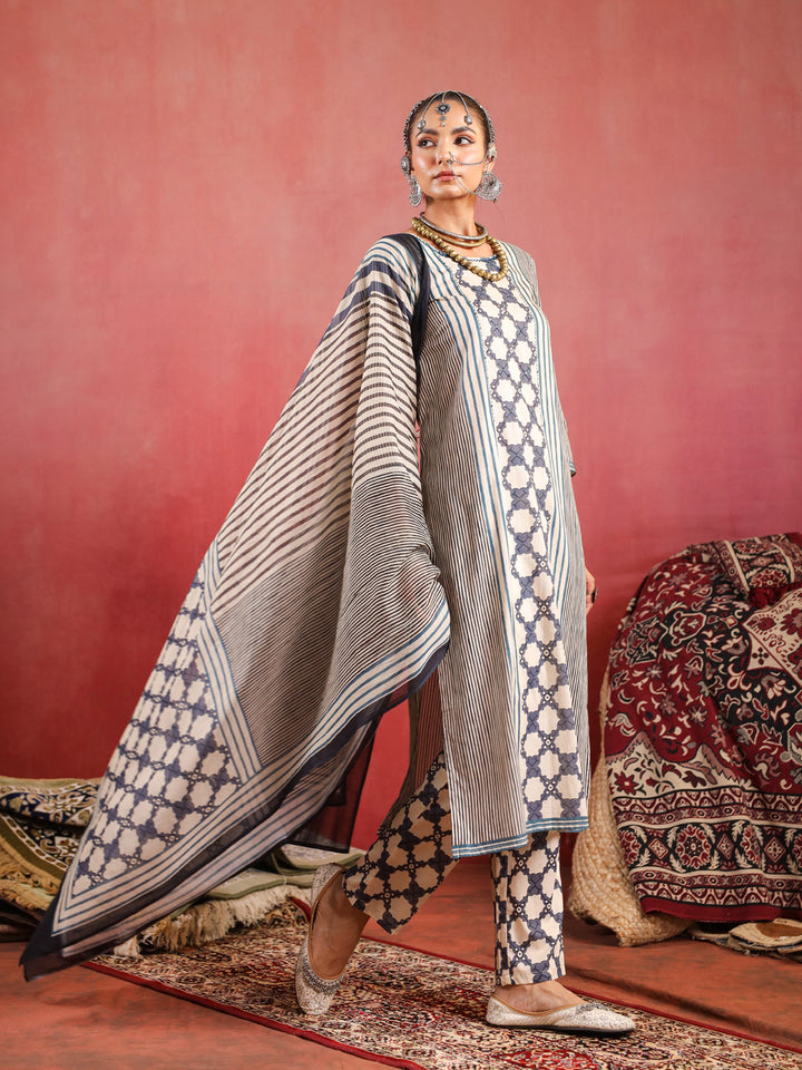 Sehar | Cream Indigo Ajrakh Suit Set