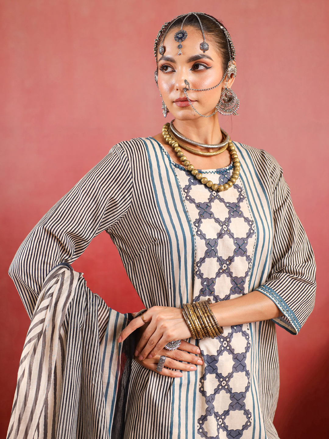 Sehar | Cream Indigo Ajrakh Suit Set