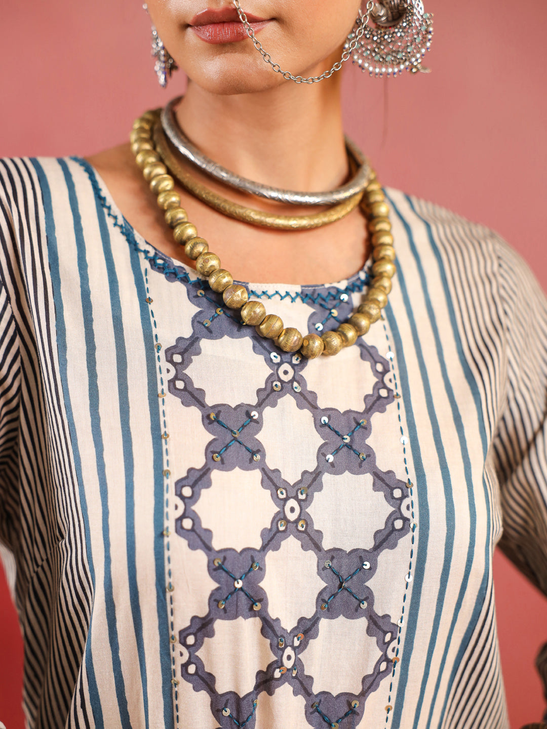 Sehar | Cream Indigo Ajrakh Suit Set