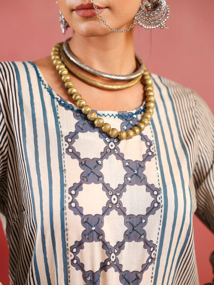 Sehar | Cream Indigo Ajrakh Suit Set