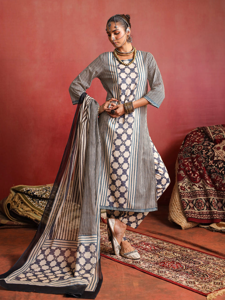 Sehar | Cream Indigo Ajrakh Suit Set