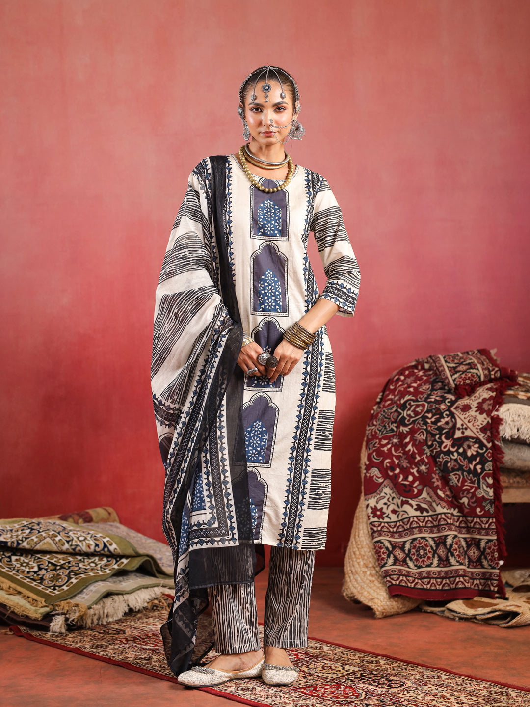 Noor | Beige Indigo Suit Set