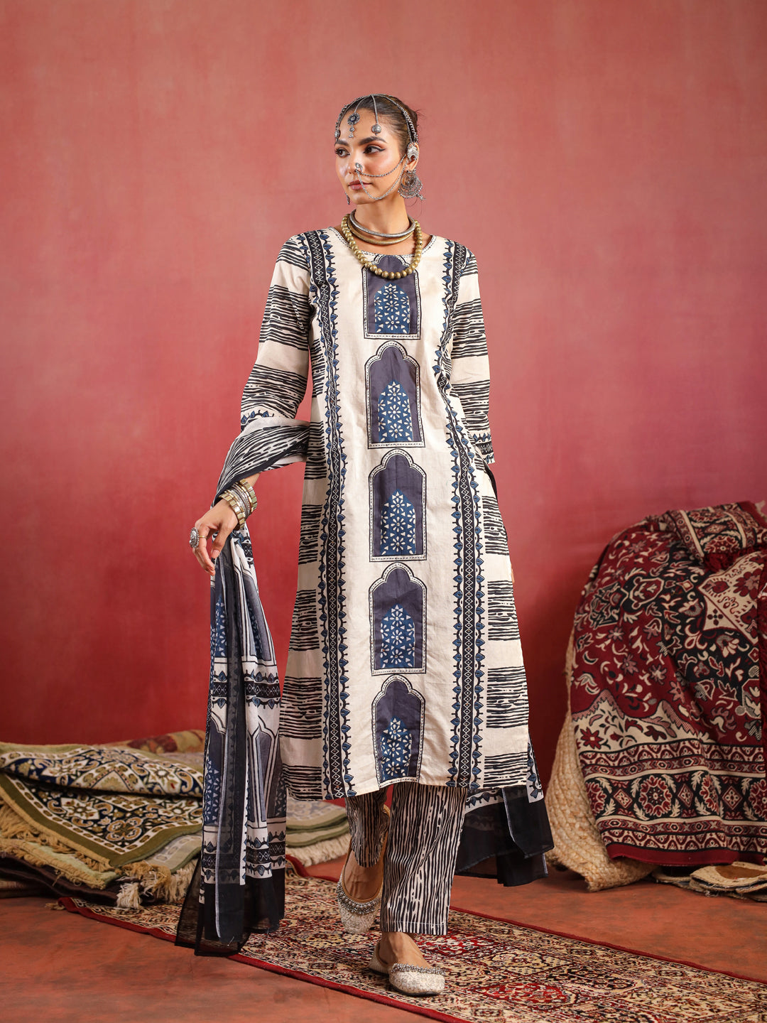 Noor | Beige Indigo Suit Set