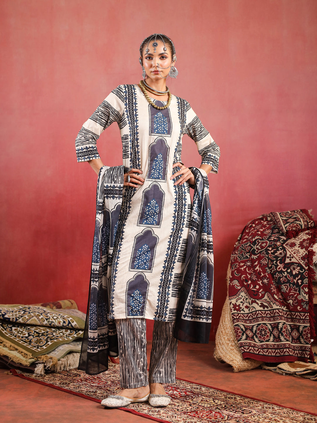 Noor | Beige Indigo Suit Set