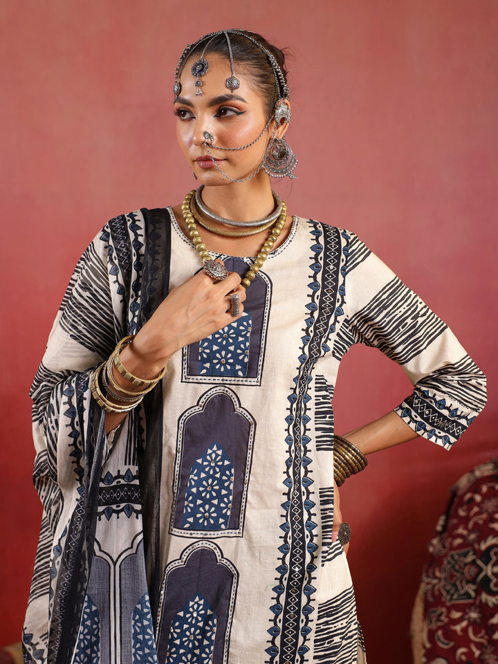 Noor | Beige Indigo Suit Set