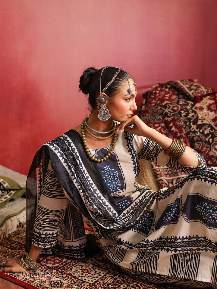 Noor | Beige Indigo Suit Set