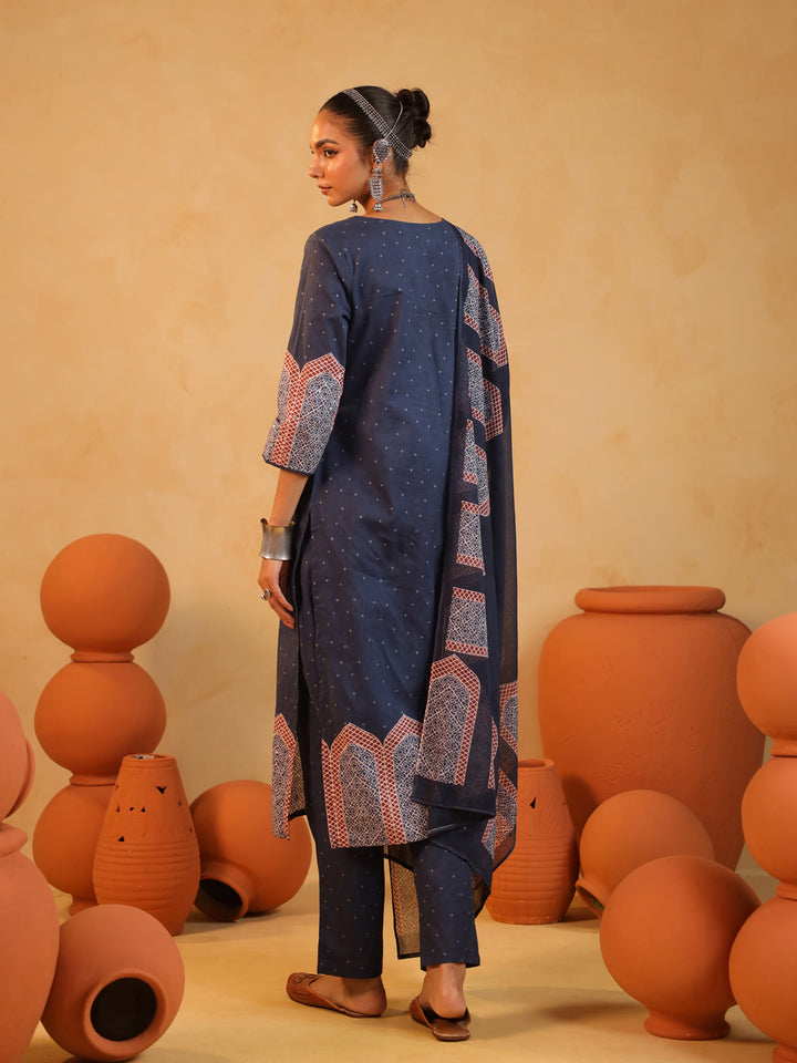 Samira | Midnight Blue Ajrakh Jaal Suit Set