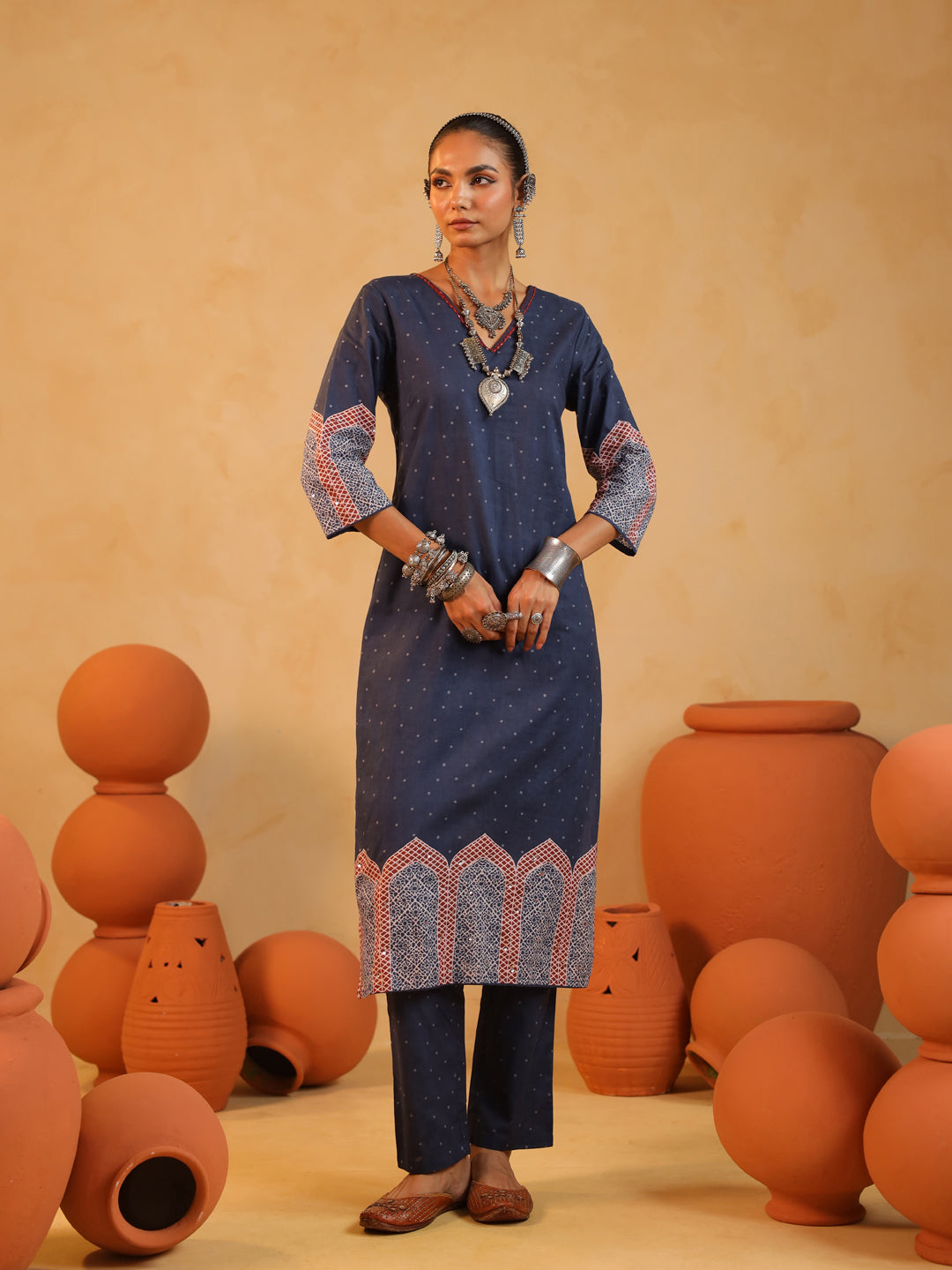 Samira | Midnight Blue Ajrakh Jaal Suit Set