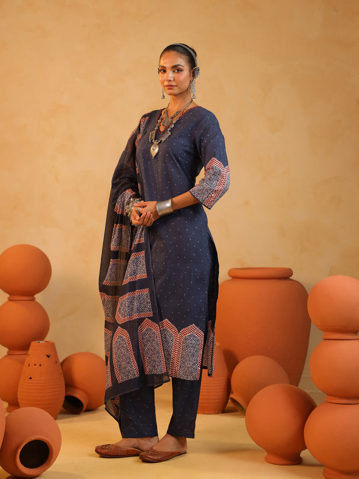 Samira | Midnight Blue Ajrakh Jaal Suit Set
