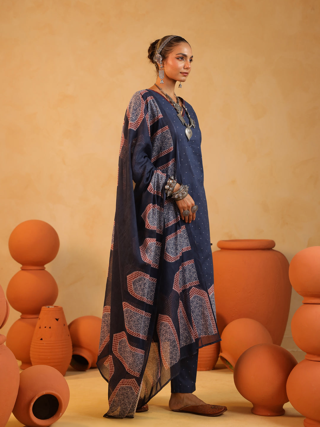 Samira | Midnight Blue Ajrakh Jaal Suit Set