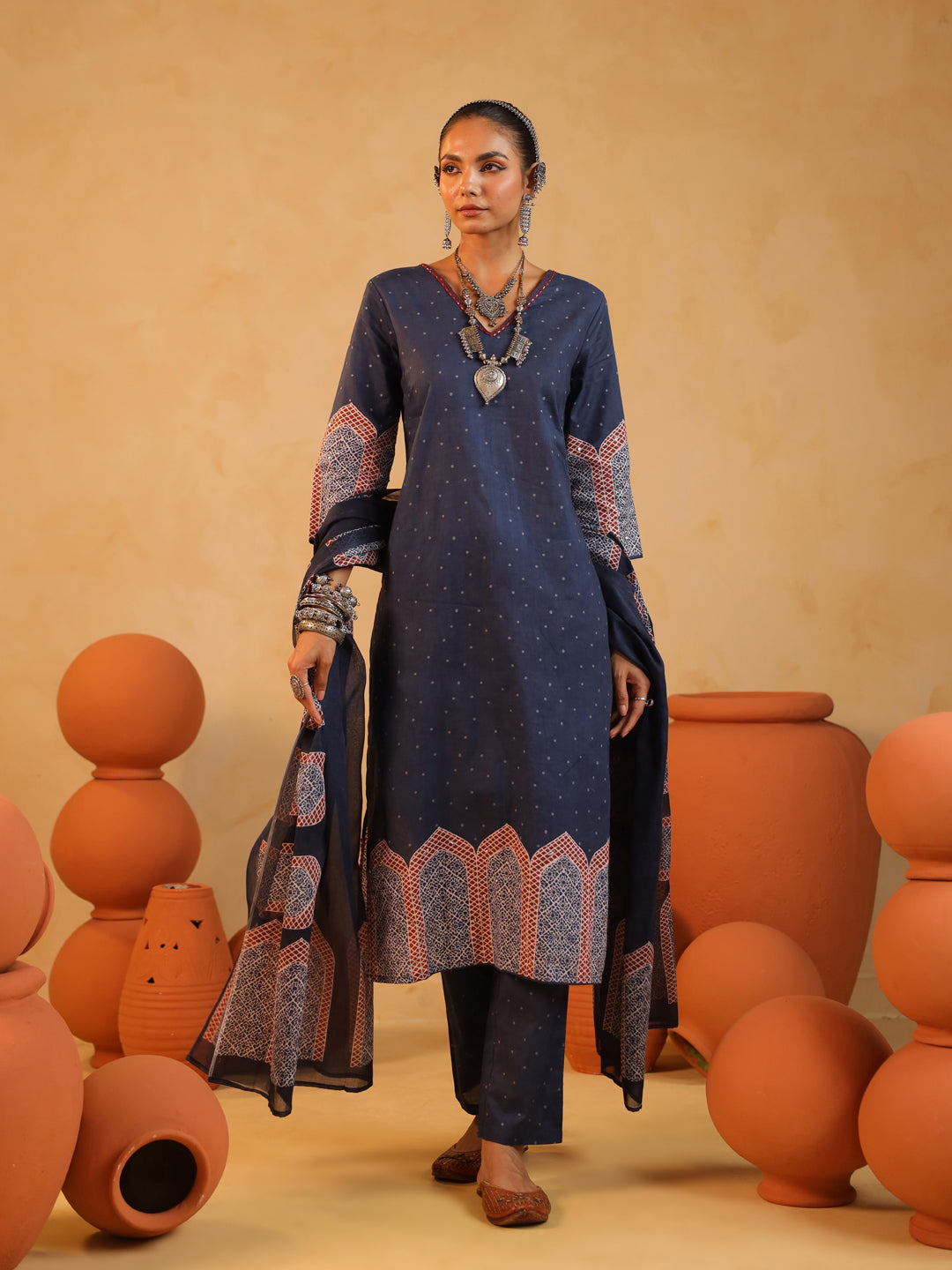 Samira | Midnight Blue Ajrakh Jaal Suit Set