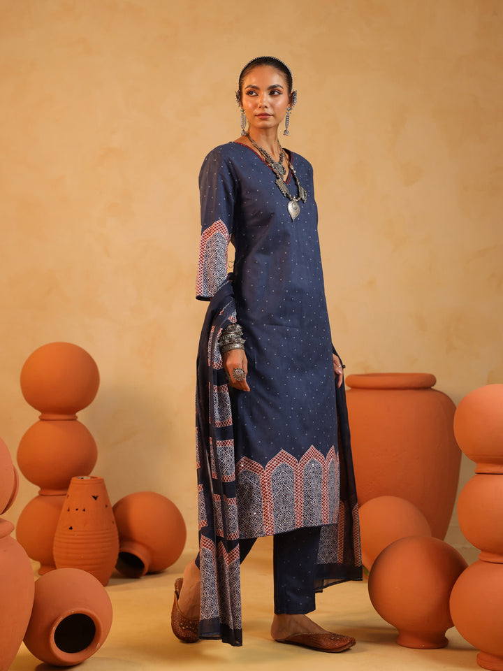 Samira | Midnight Blue Ajrakh Jaal Suit Set