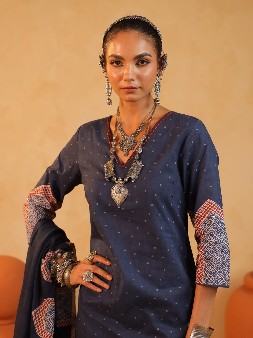 Samira | Midnight Blue Ajrakh Jaal Suit Set