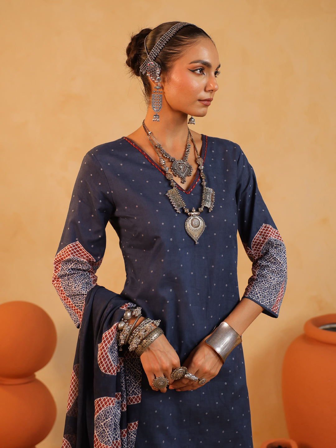 Samira | Midnight Blue Ajrakh Jaal Suit Set