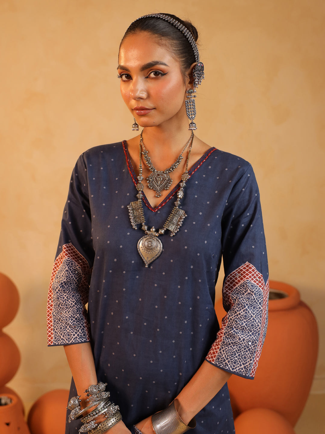 Samira | Midnight Blue Ajrakh Jaal Suit Set