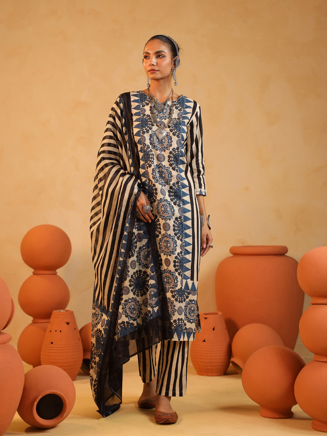 Anaya | Rustic Cream Ajrakh Suit Set