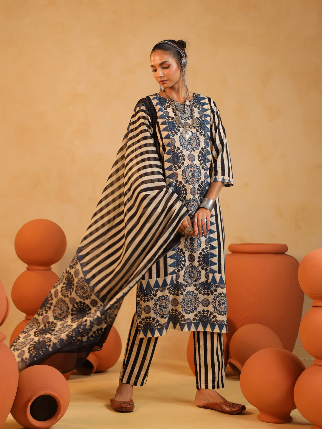 Anaya | Rustic Cream Ajrakh Suit Set