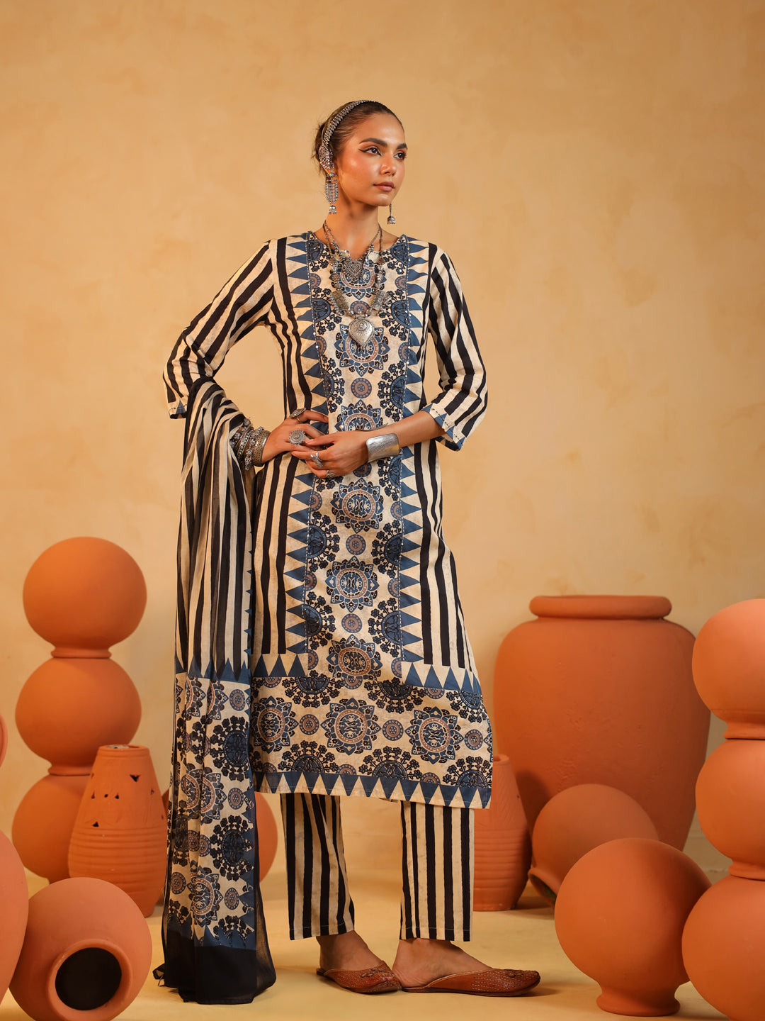 Anaya | Rustic Cream Ajrakh Suit Set