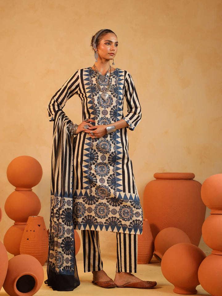 Anaya | Rustic Cream Ajrakh Suit Set