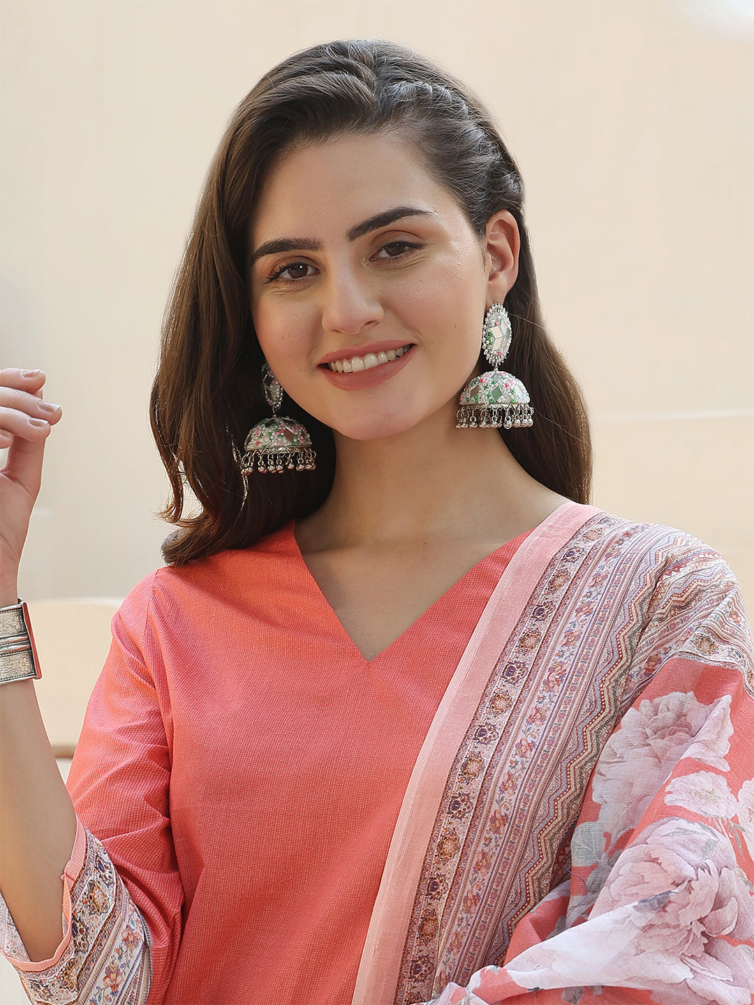 Peach Blossom Grace – Pure Cotton Digital Print Suit Set
