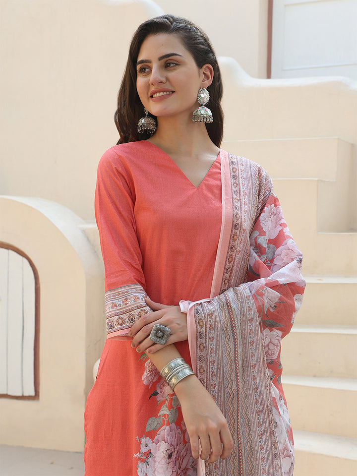 Peach Blossom Grace – Pure Cotton Digital Print Suit Set