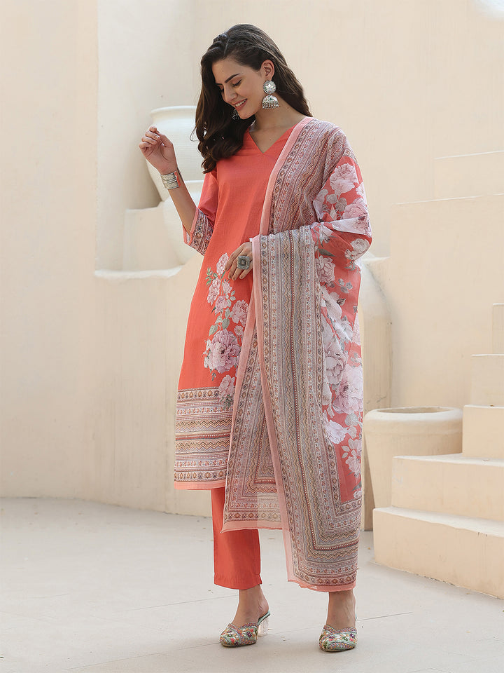 Peach Blossom Grace – Pure Cotton Digital Print Suit Set