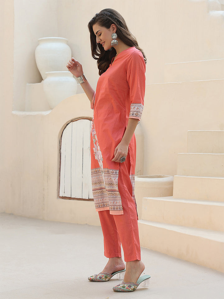 Peach Blossom Grace – Pure Cotton Digital Print Suit Set