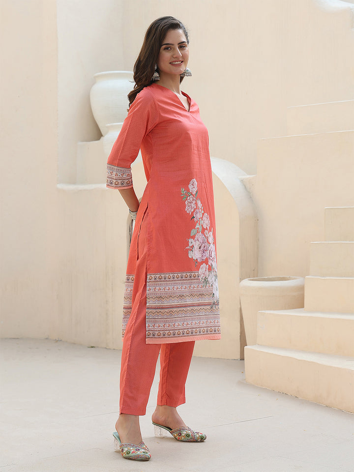 Peach Blossom Grace – Pure Cotton Digital Print Suit Set