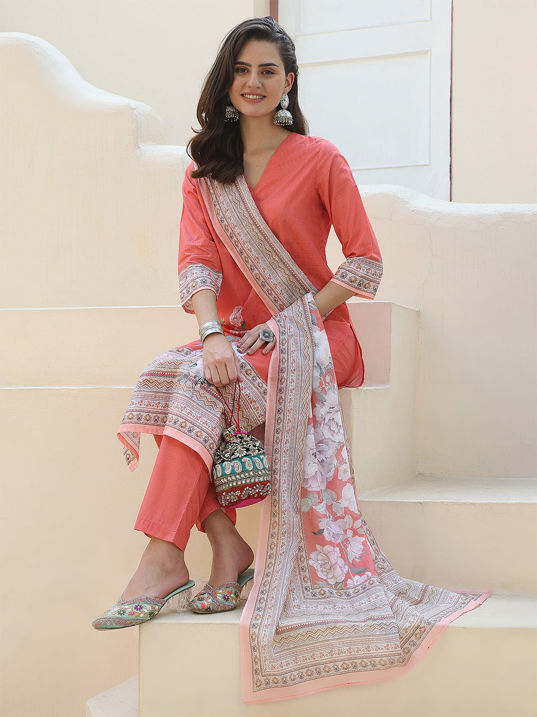 Peach Blossom Grace – Pure Cotton Digital Print Suit Set