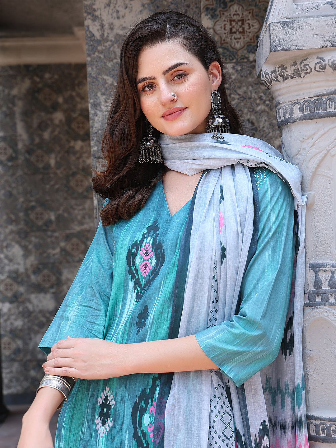 Azure Bloom – Teal Cotton Straight Suit Set