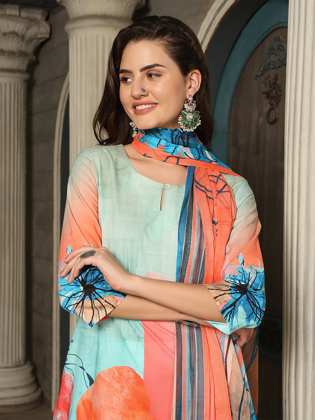 Aqua Coral Bloom – Pure Cotton Digital Print Suit Set