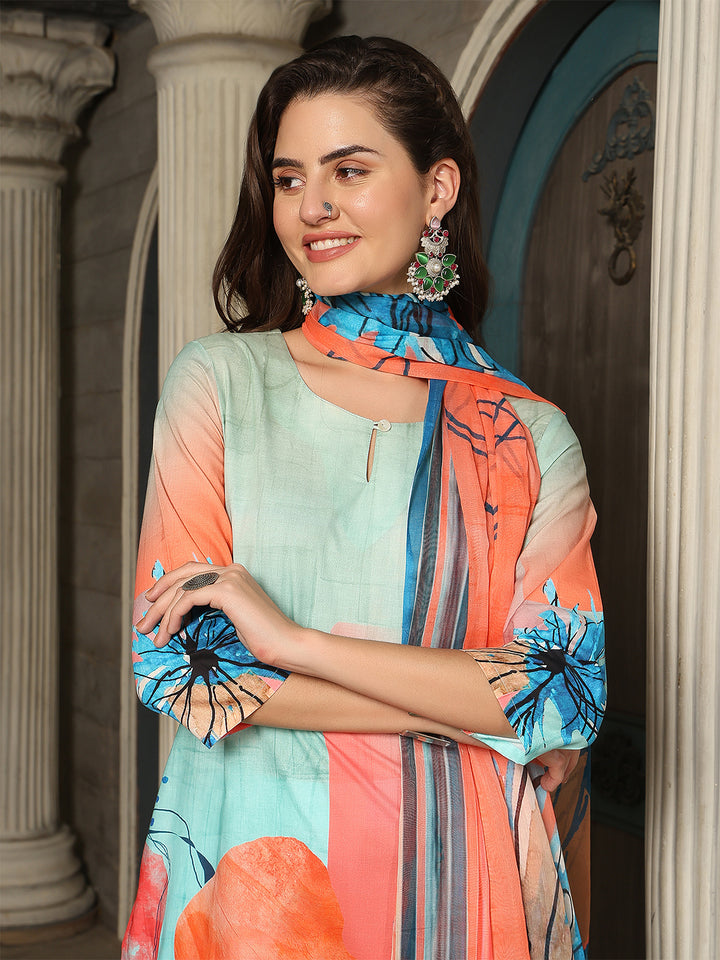 Aqua Coral Bloom – Pure Cotton Digital Print Suit Set