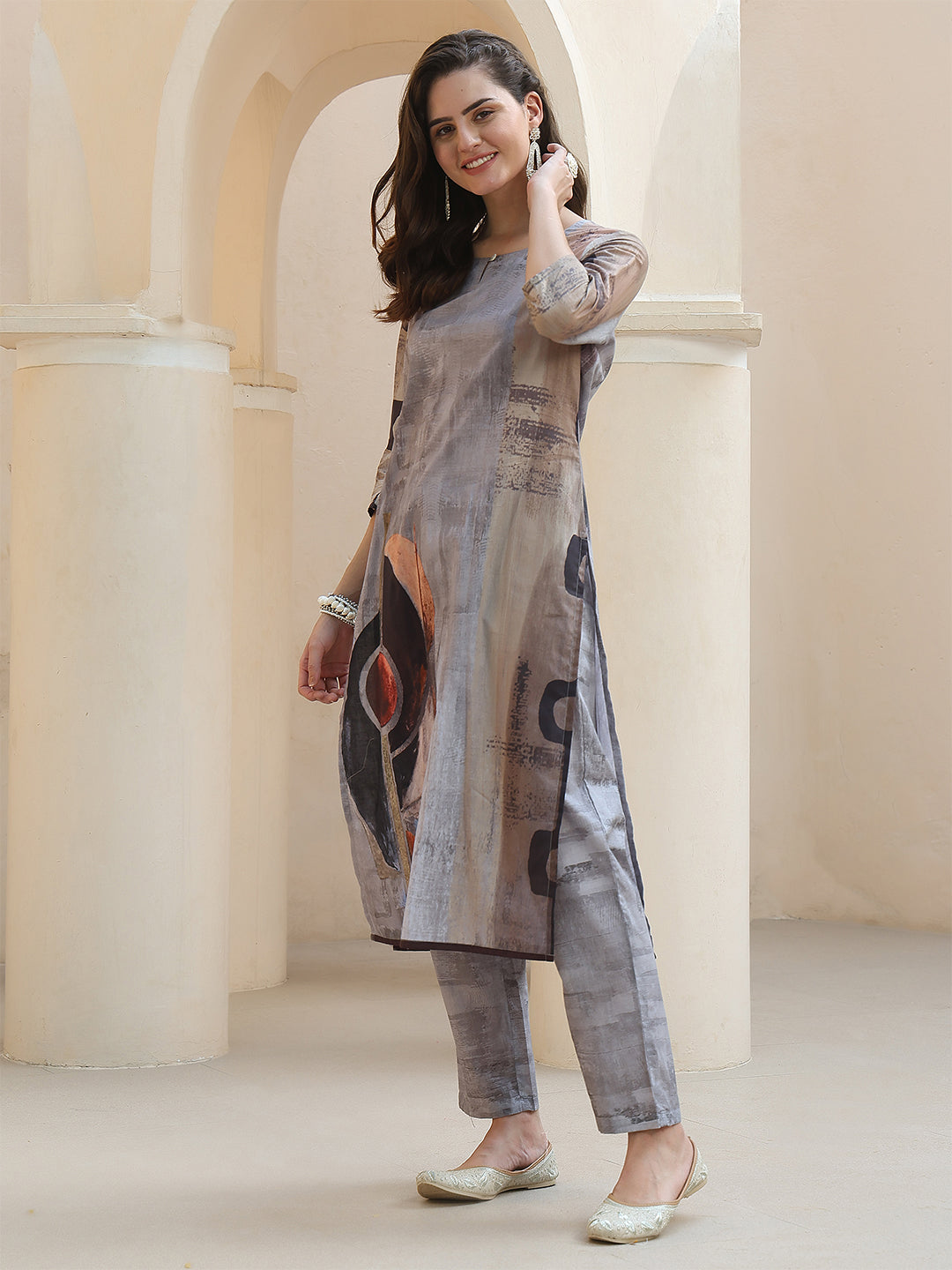 Mocha Abstract Charm – Pure Cotton Digital Print Suit Set