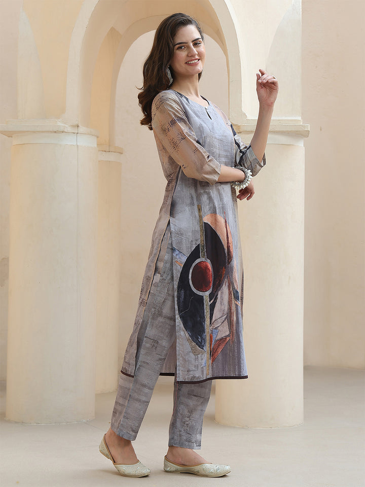 Mocha Abstract Charm – Pure Cotton Digital Print Suit Set