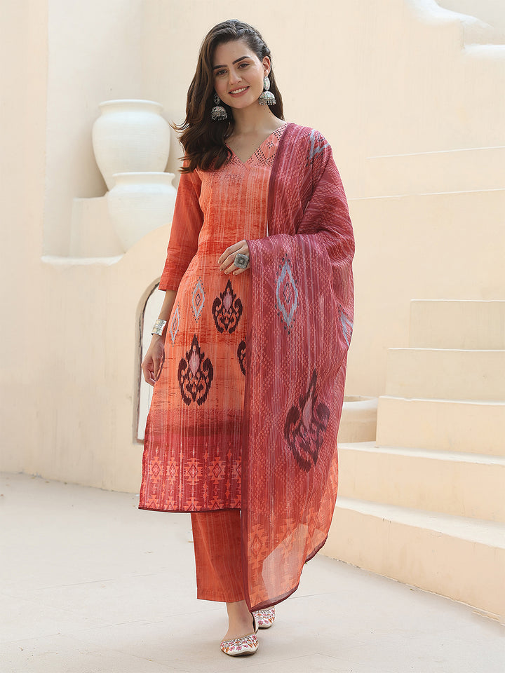 Sunset Radiance – Orange Cotton Straight Suit Set