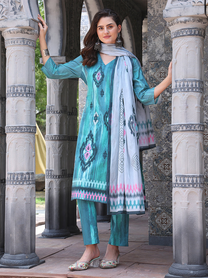 Azure Bloom – Teal Cotton Straight Suit Set