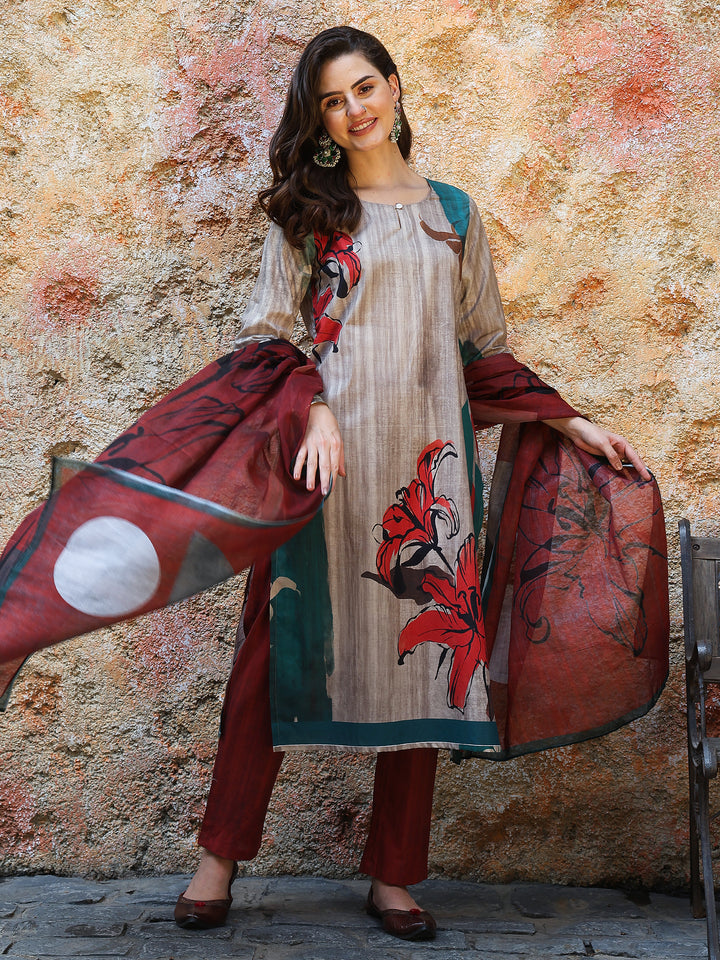 Flame Bloom – Grey & Rust Cotton Suit Set