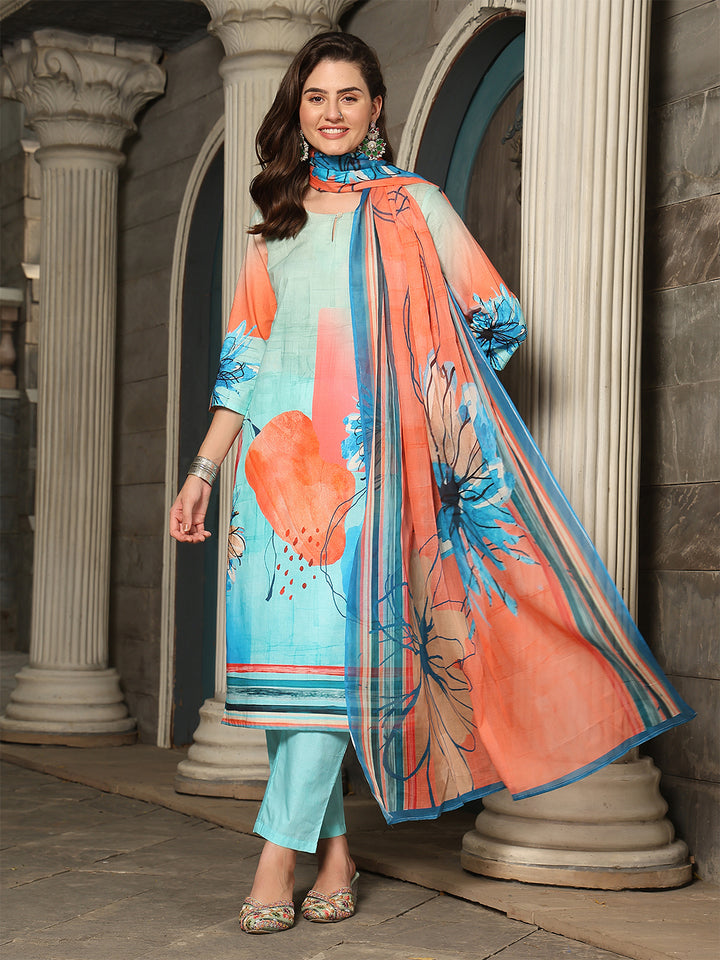 Aqua Coral Bloom – Pure Cotton Digital Print Suit Set