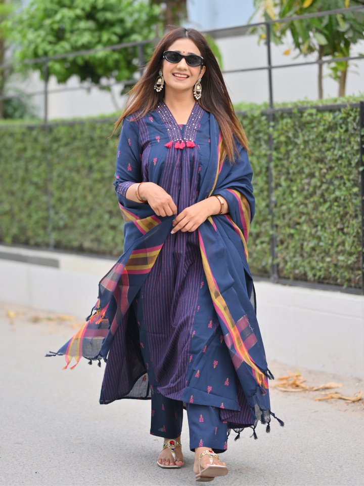 Indrani - Deep Blue Handloom suit set