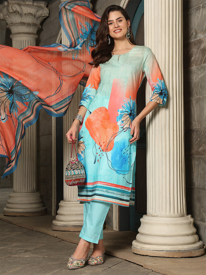 Aqua Coral Bloom – Pure Cotton Digital Print Suit Set
