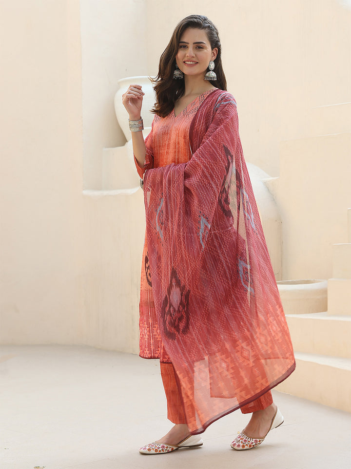 Sunset Radiance – Orange Cotton Straight Suit Set