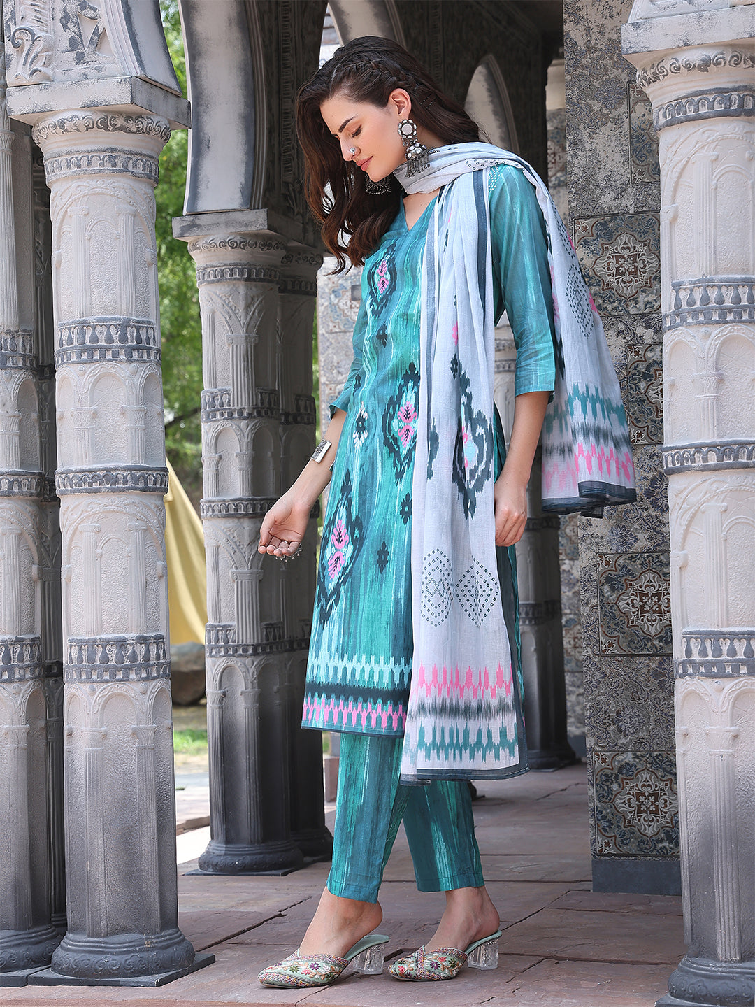 Azure Bloom – Teal Cotton Straight Suit Set