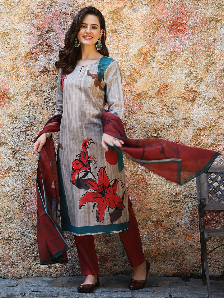 Flame Bloom – Grey & Rust Cotton Suit Set