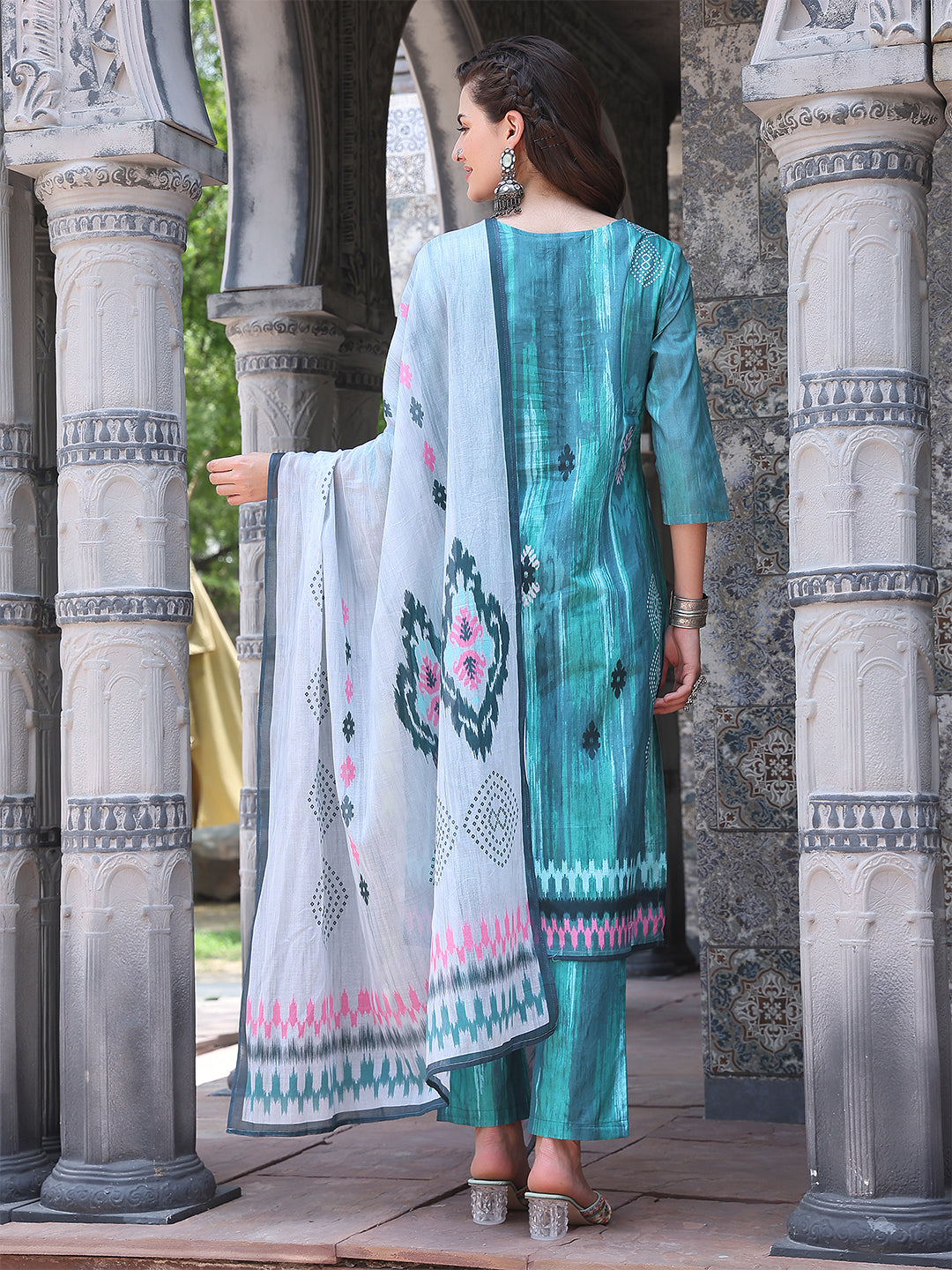 Azure Bloom – Teal Cotton Straight Suit Set