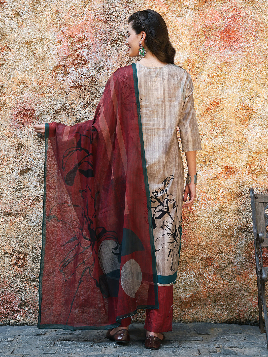 Flame Bloom – Grey & Rust Cotton Suit Set