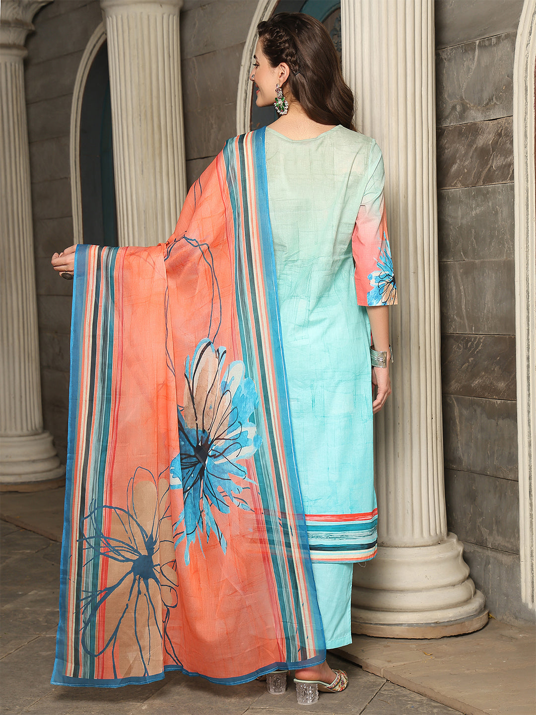 Aqua Coral Bloom – Pure Cotton Digital Print Suit Set