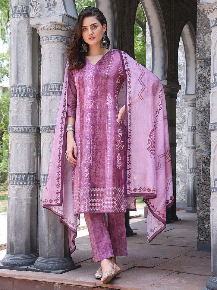 Mystic Mauve – Printed Cotton Straight Suit Set