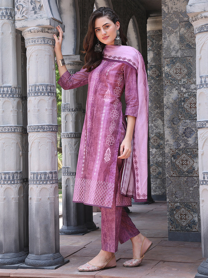 Mystic Mauve – Printed Cotton Straight Suit Set